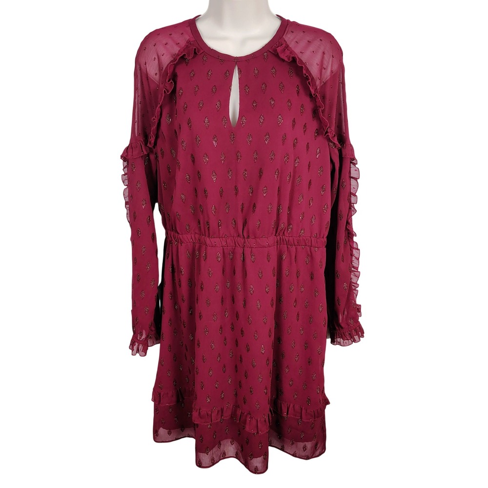Kaari Blue Berry Wine Metallic Diamond Ruffle Dress L chiffon sheer romantic